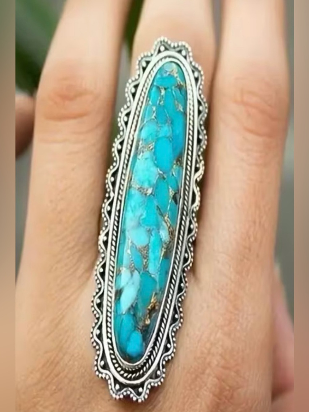 Long Turquoise Marquise Ring with Silver Filigree - Women Jewelry